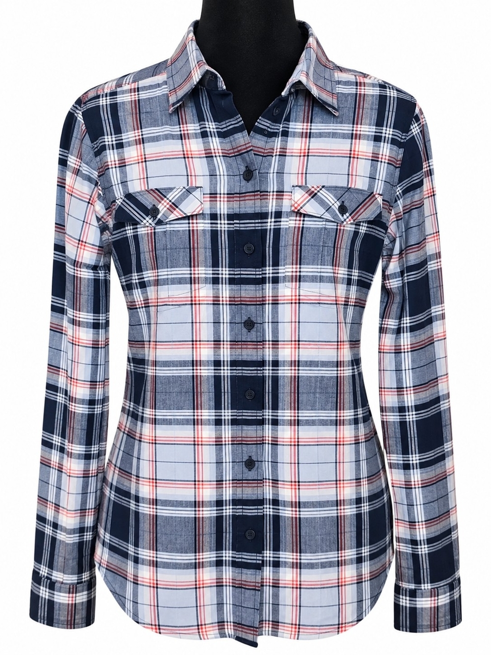 Eddie Bauer Navy, Light Blue & Red Plaid Button-Down Shirt
